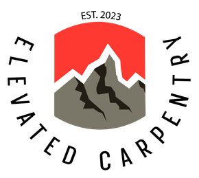 Logo for "Elevated Carpentry" featuring a grey mountain silhouette against a red background with "EST. 2023" above.