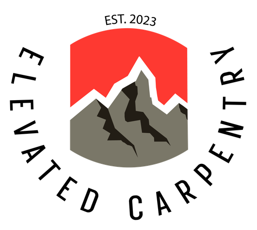 Logo for "Elevated Carpentry" featuring a grey mountain silhouette against a red background with "EST. 2023" above.