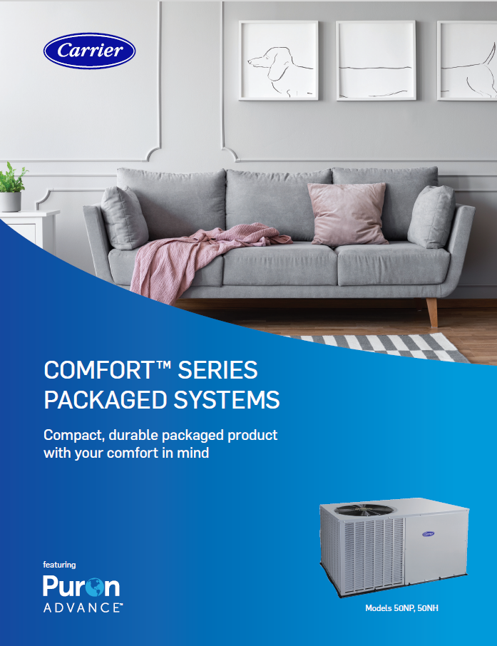 Carrier Comfort Series packaged heat pump brochure.