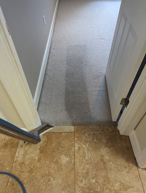 A hallway with a shadow of a person on the floor and a door.