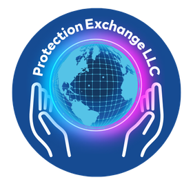 A logo for protection exchange llc with two hands holding a globe