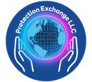 A logo for protection exchange llc with two hands holding a globe