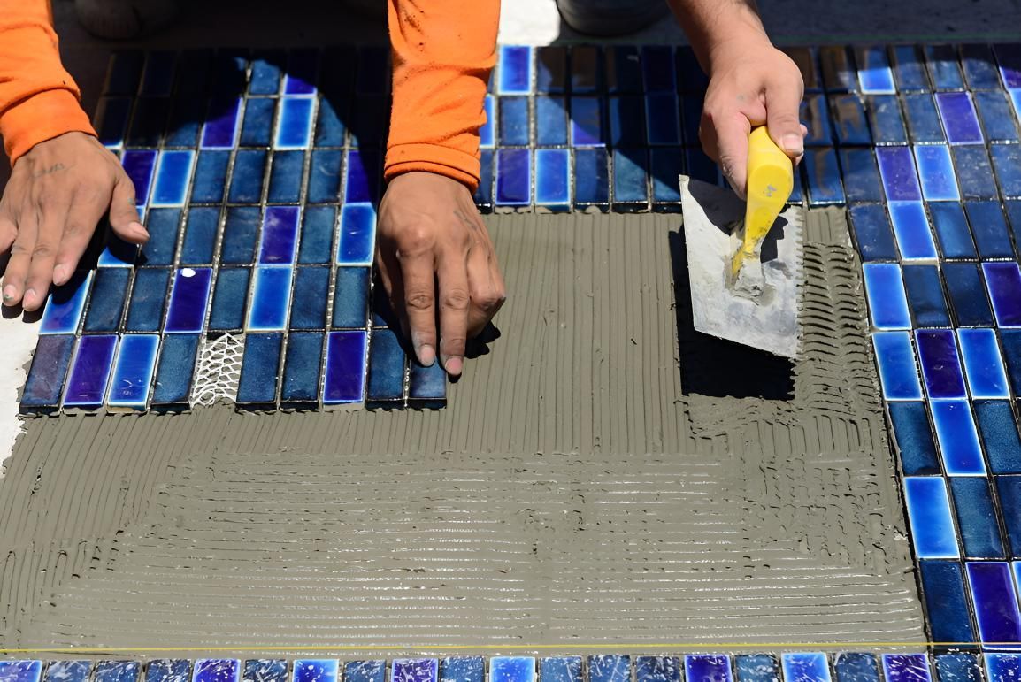 Man Applying Tile for Pool Renovation — TNT Floor Removal & Demolition in Tewantin, QLD