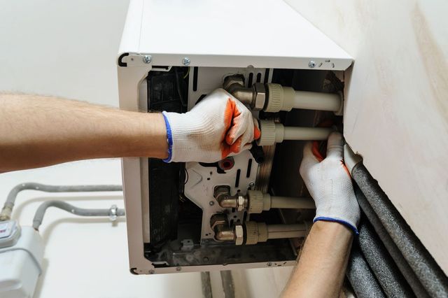 Technician's gloved hands repairing exposed machinery inside a wall panel