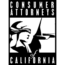 A black and white logo for the consumer attorneys of california