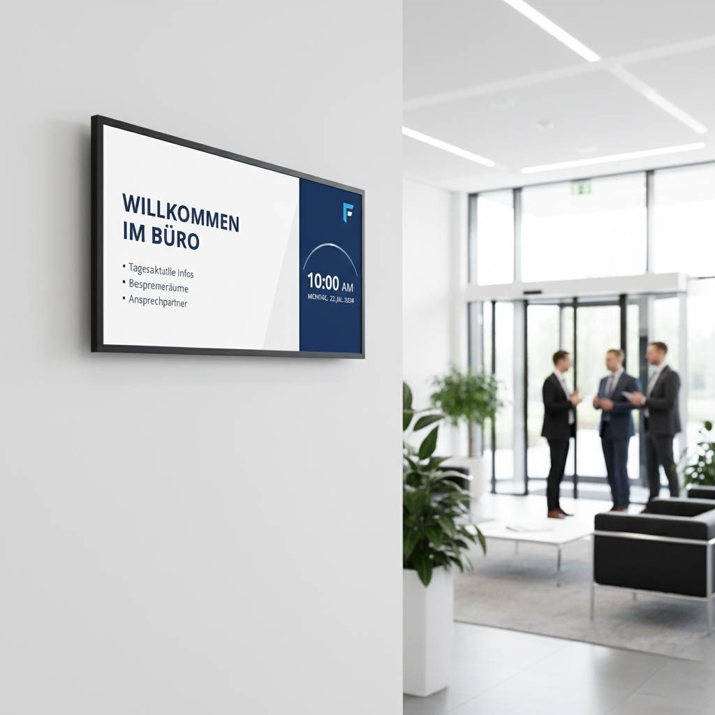 Digitales Schild an der Wand in einer Bürolobby mit Willkommensnachricht