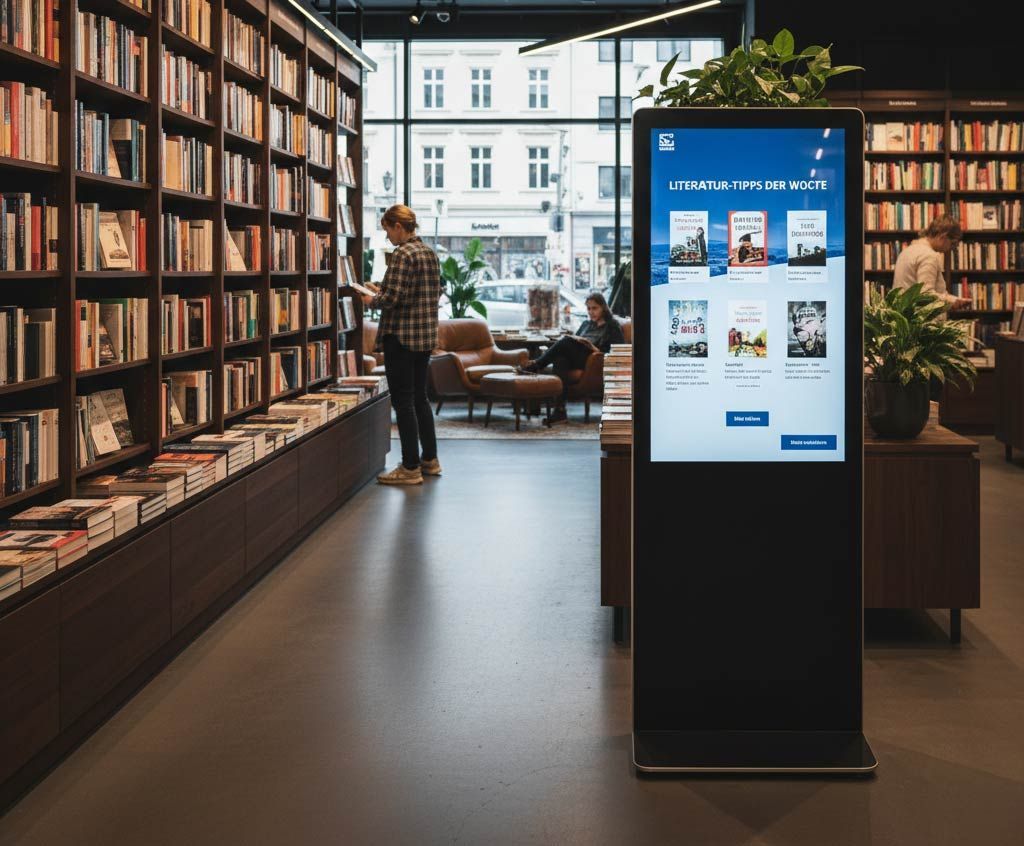 Bücherregale in einer Buchhandlung mit einem digitalen Display, auf dem Buchcover angezeigt werden