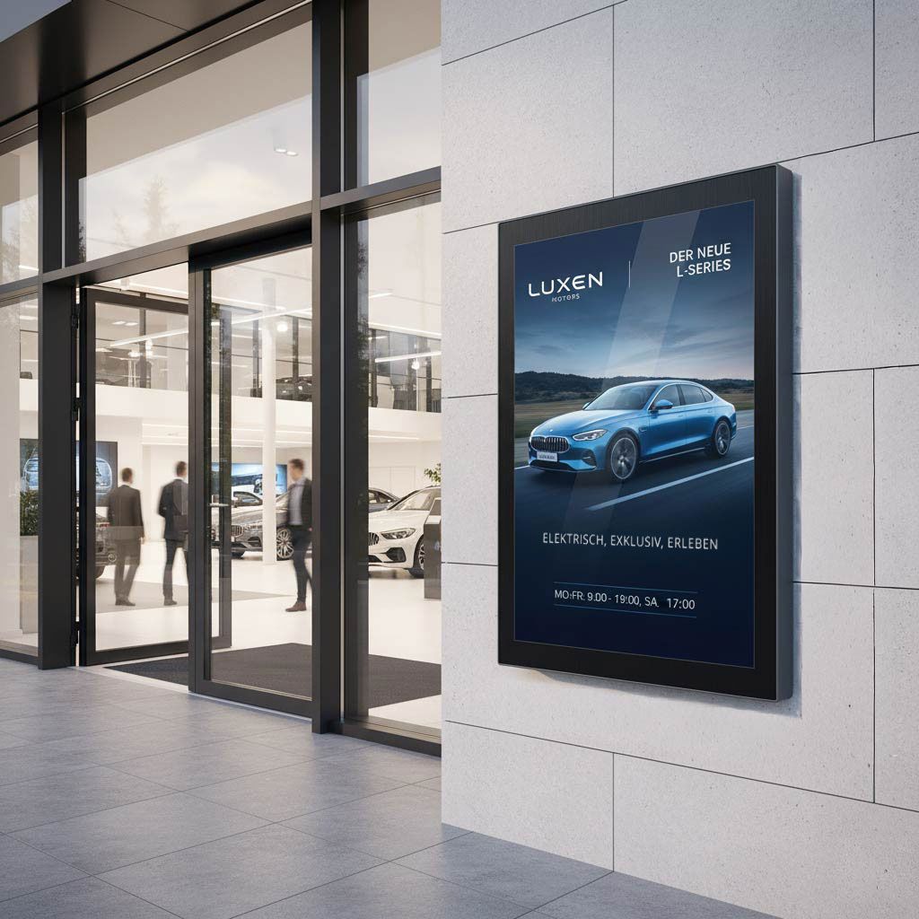 Außenansicht eines Autohauses mit einer digitalen Werbung an der Wand, auf der ein blaues Auto abgebildet sind.