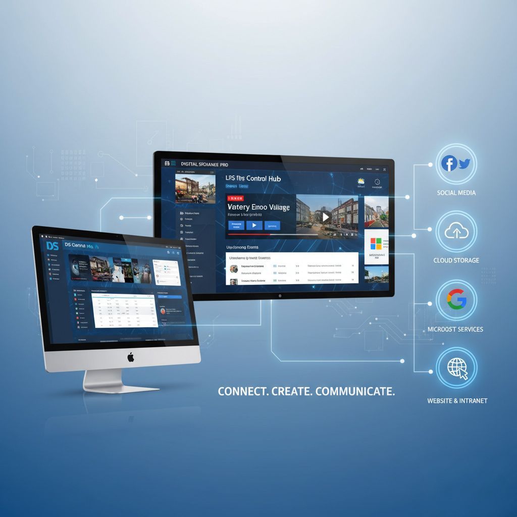 Zwei Computermonitore, auf denen eine Content-Plattform mit Social-Media-Symbolen und dem Text „VERBINDEN. GESTALTEN. KOMMUNIZIEREN.“ angezeigt wird.