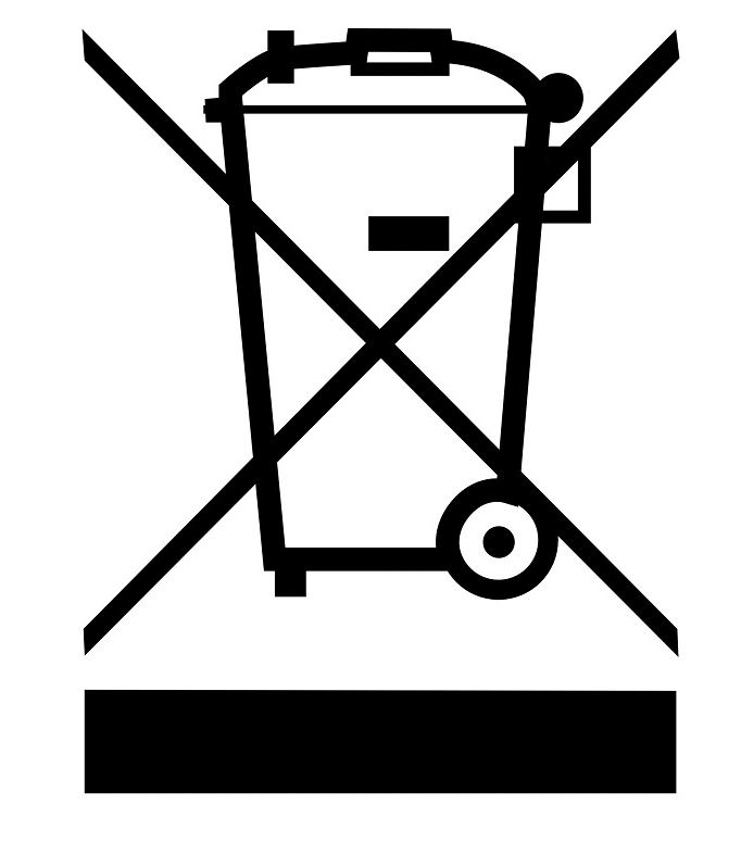 Ein schwarz-weißes Symbol eines Mülleimers mit einem Kreuz.