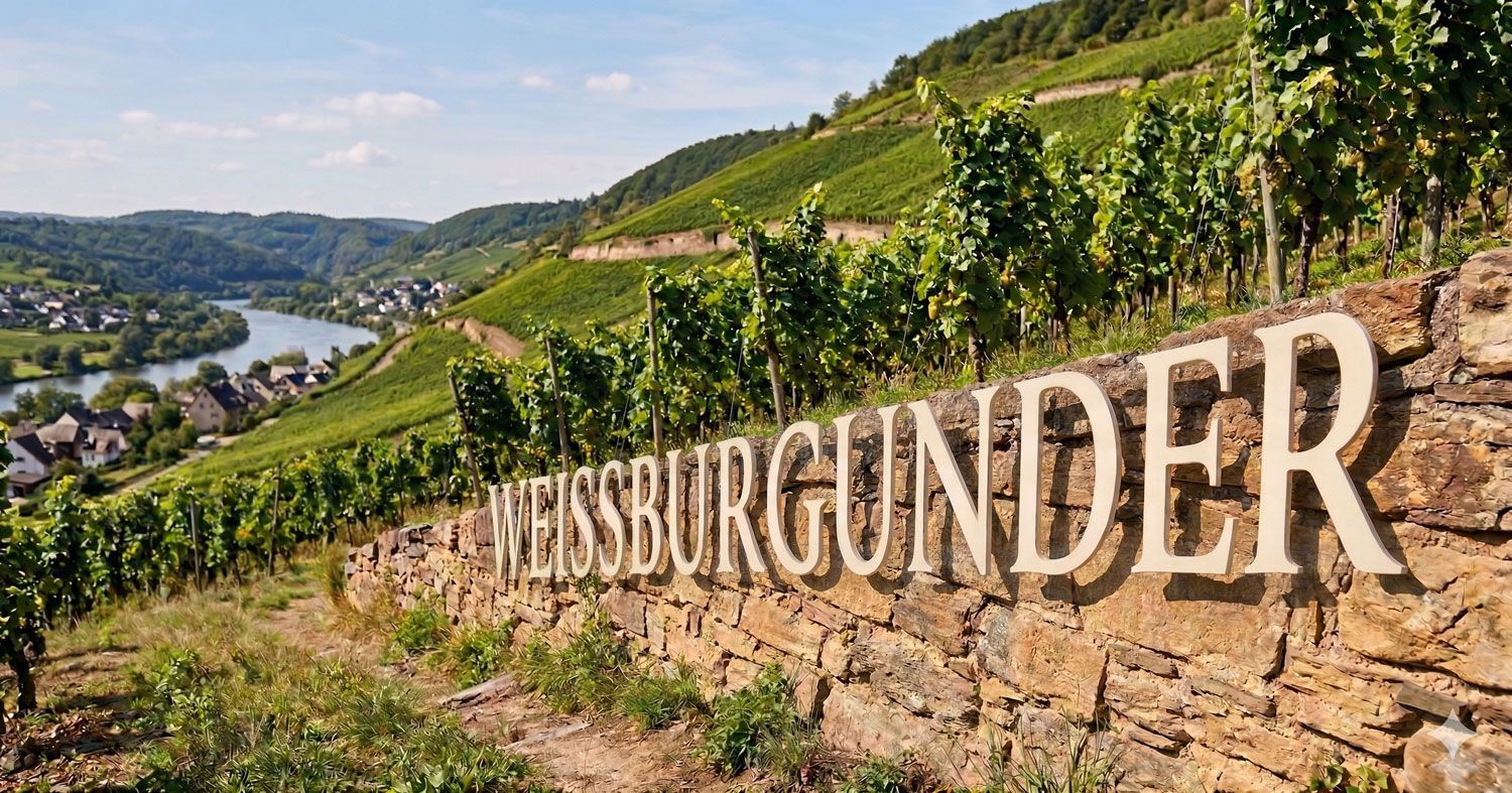 In einem terrassierten Weinberg mit Blick auf ein Flusstal steht eine Steinmauer mit der Inschrift „WEISSBURGUNDER“.