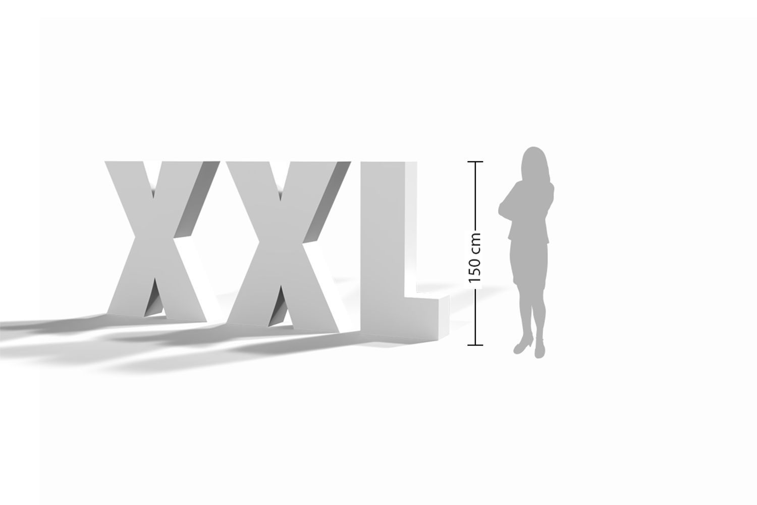 Eine Frau steht neben einem großen XXL-Schild, um das Größenverhältnis (Höhe = 150 cm) darzustellen.