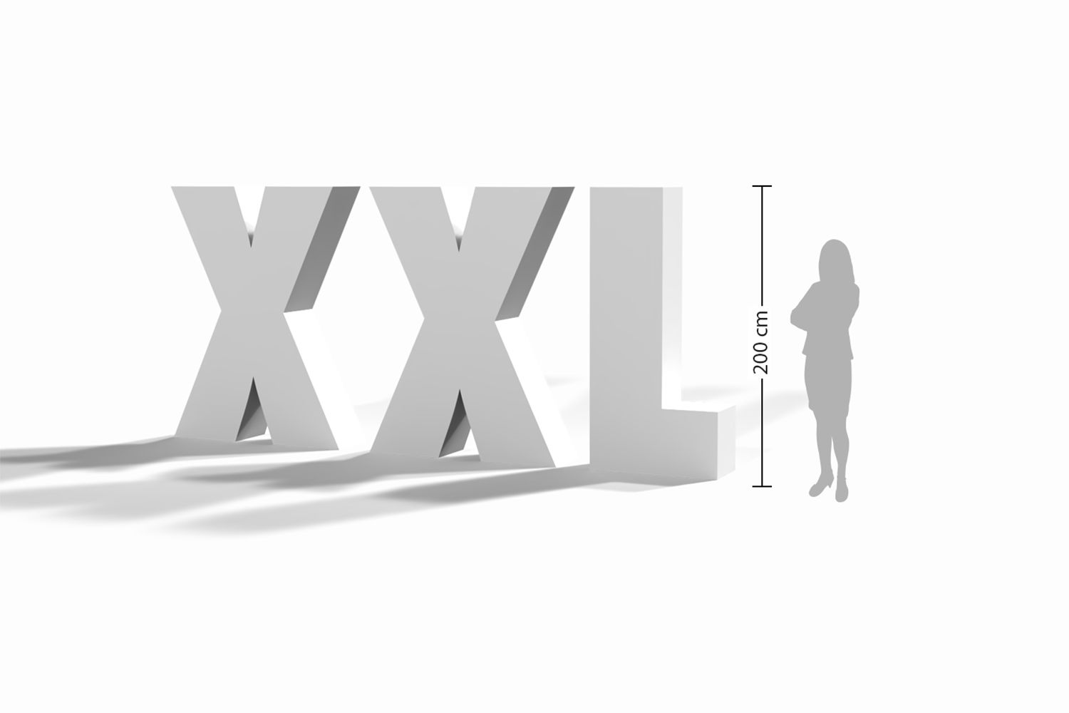 Eine Frau steht neben einem großen XXL-Schild, um das Größenverhältnis (Höhe = 200 cm) darzustellen.