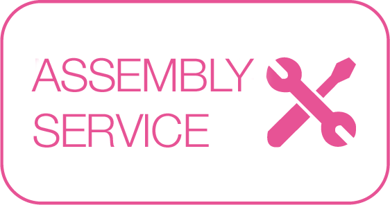 A pink button that says assembly service with two wrenches on it