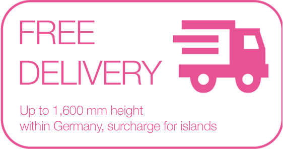 A sign that says free delivery up to 1,600 mm height within germany , surcharge for islands.