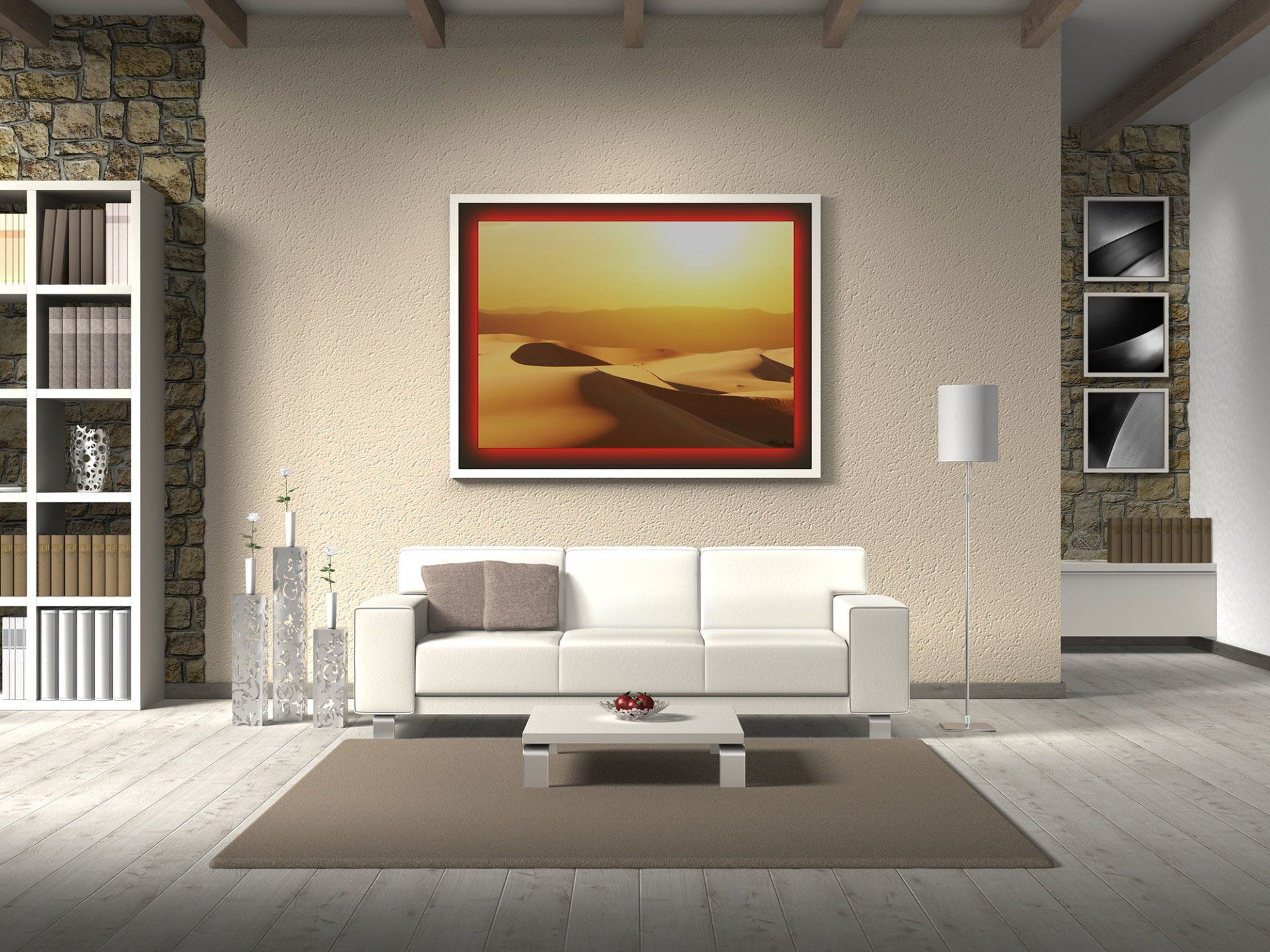 Ein Wohnzimmer mit einer Couch und einem Bild an der Wand