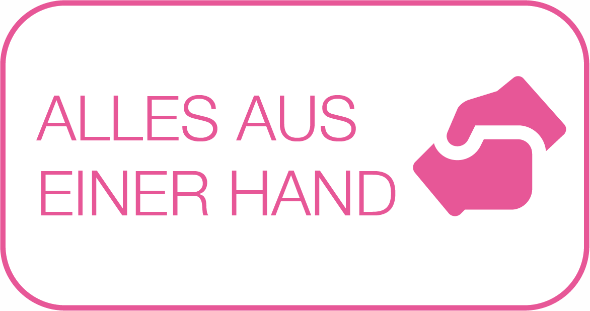 Ein rosafarbener Knopf mit der Aufschrift „Alles aus einer Hand“