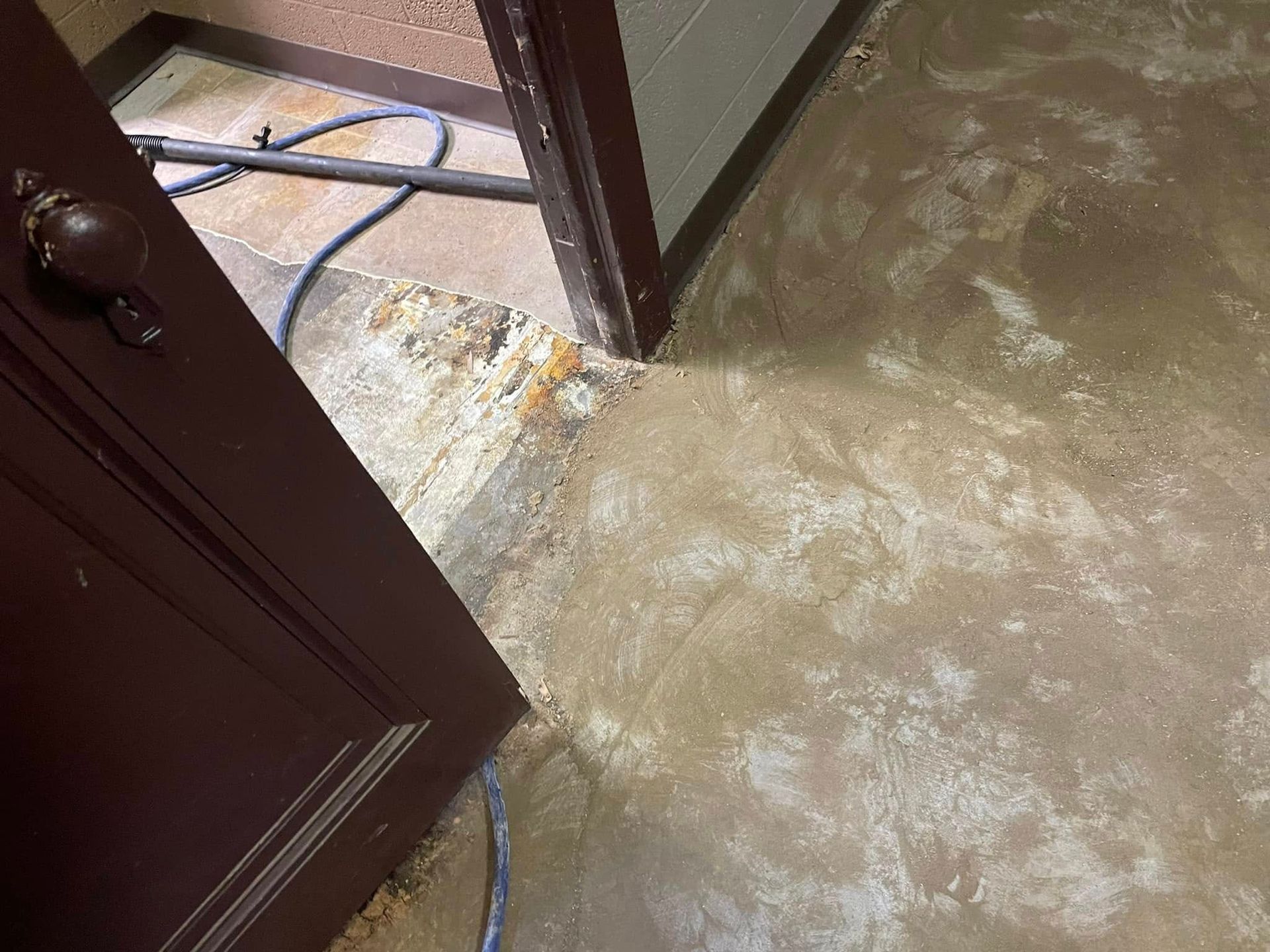 Flooded room with open brown door. Water damage evident. Grey and brown tones.