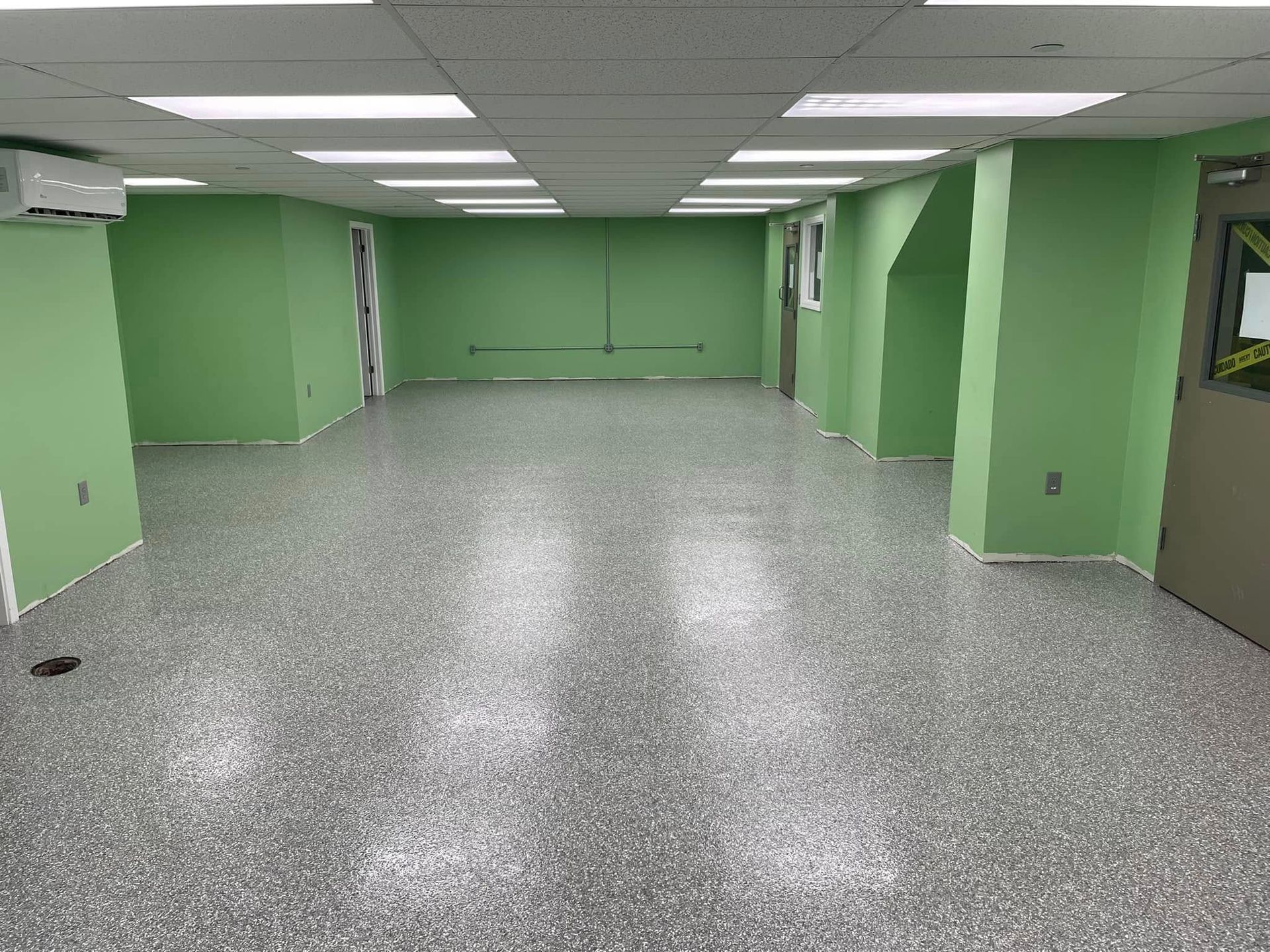Empty room with green walls, gray speckled floor, and fluorescent lighting.