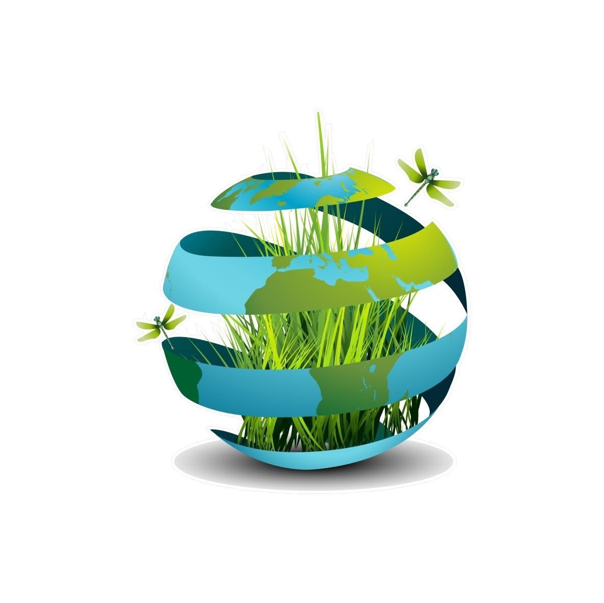 Globe with grass, spiral bands of land, and two dragonflies, representing earth and nature.
