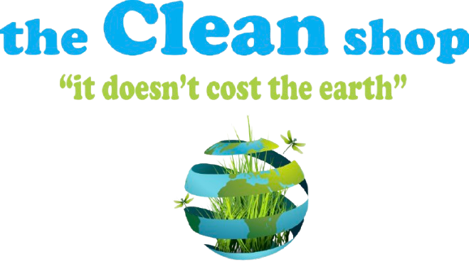 A logo for the clean shop that says it does n't cost the earth