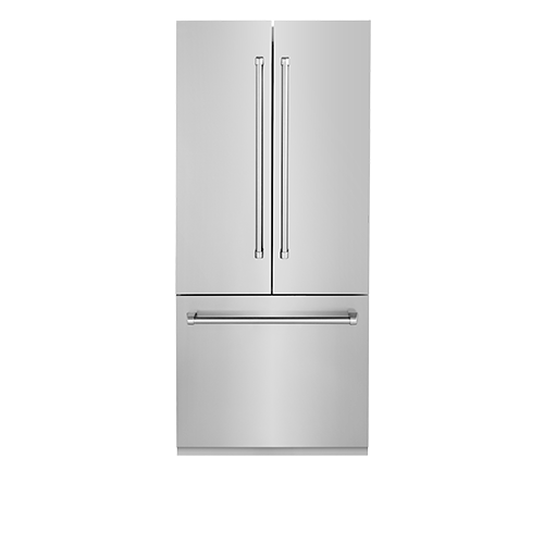 A stainless steel refrigerator freezer with two doors on a white background.