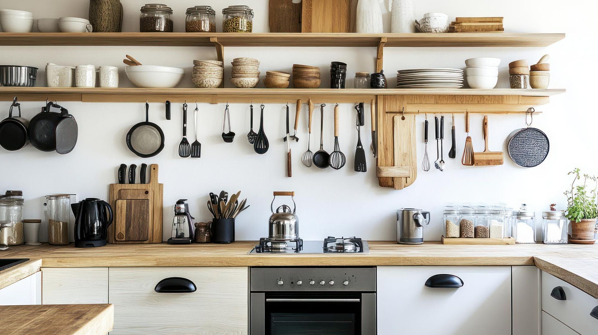 A kitchen with a lot of utensils hanging on the wall.