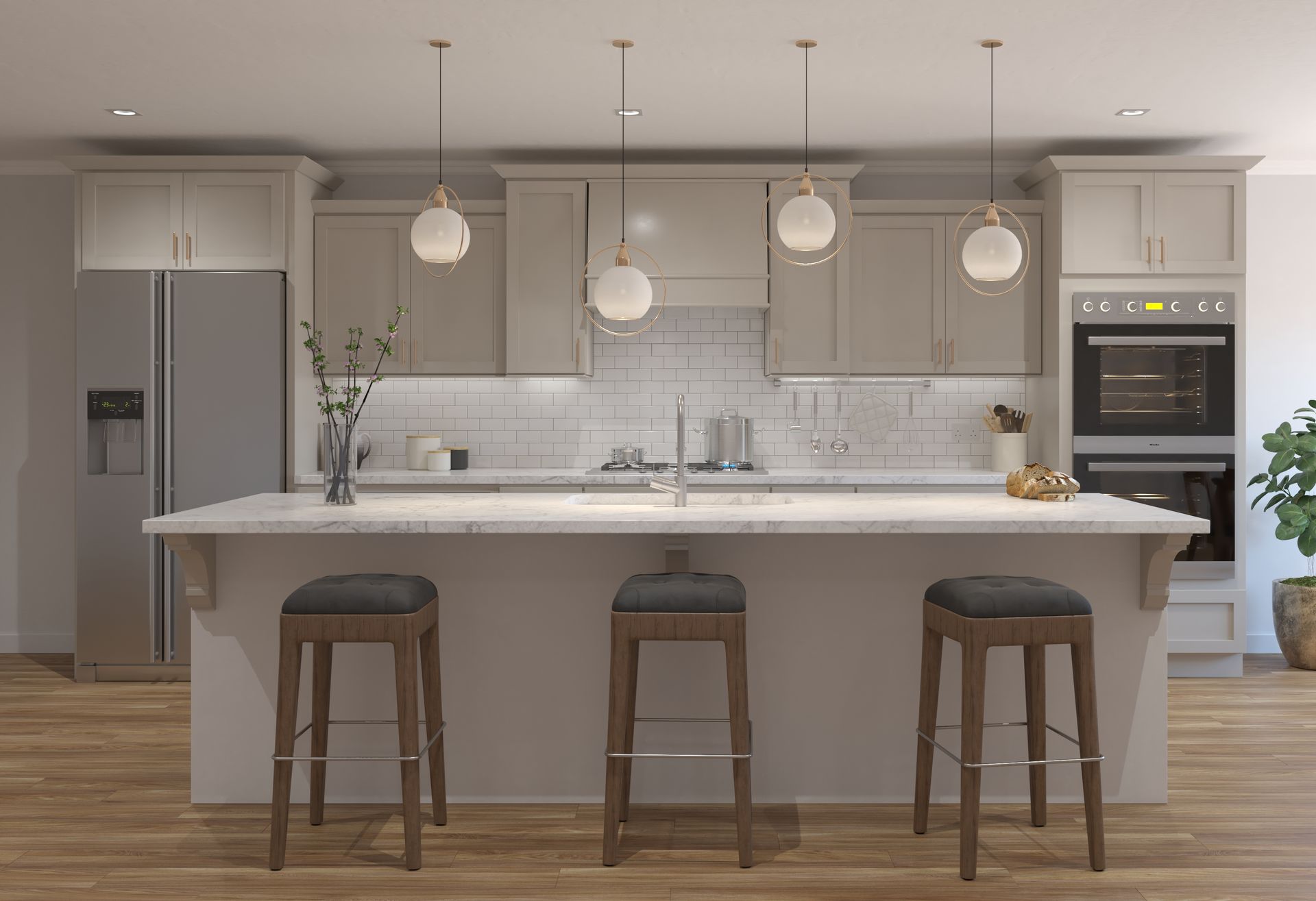 A kitchen with white cabinets and a wooden island.