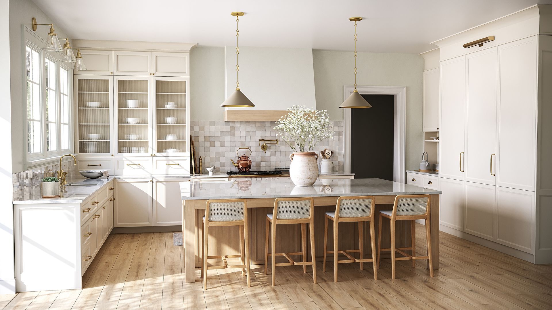 A kitchen with white cabinets , wooden floors , and a large island.