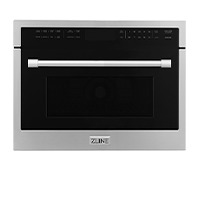 A stainless steel microwave oven with a black door on a white background.