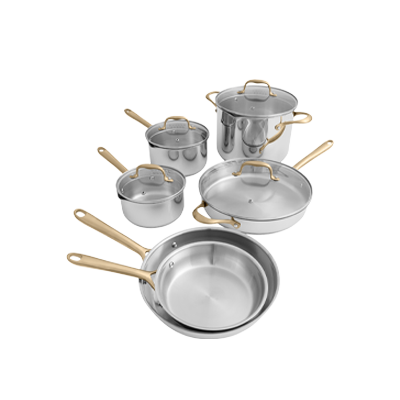 A set of stainless steel pots and pans with wooden handles