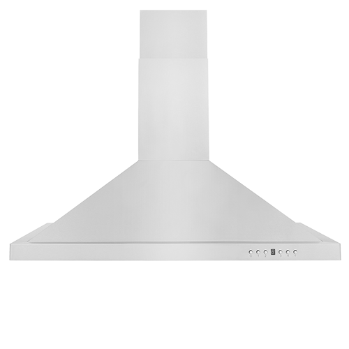 A stainless steel wall mounted range hood on a white background.