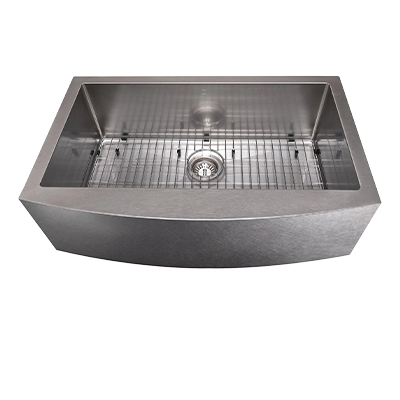 A stainless steel kitchen sink with a drain