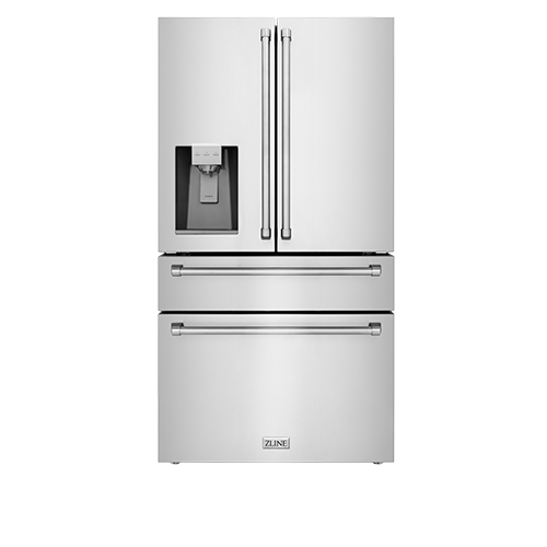 A stainless steel refrigerator with a water dispenser on the door.