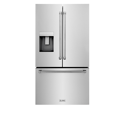 A stainless steel refrigerator with a water dispenser on the door.