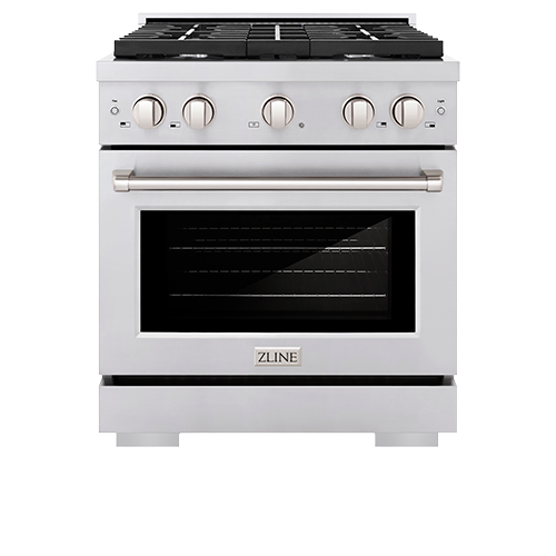 A stainless steel stove top oven with a glass door on a white background.