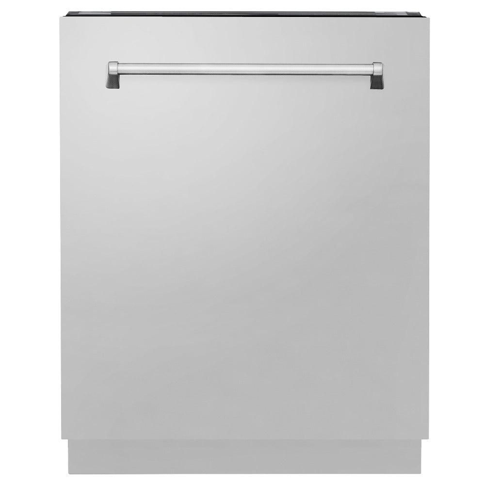 A stainless steel dishwasher with a towel rack on the door.