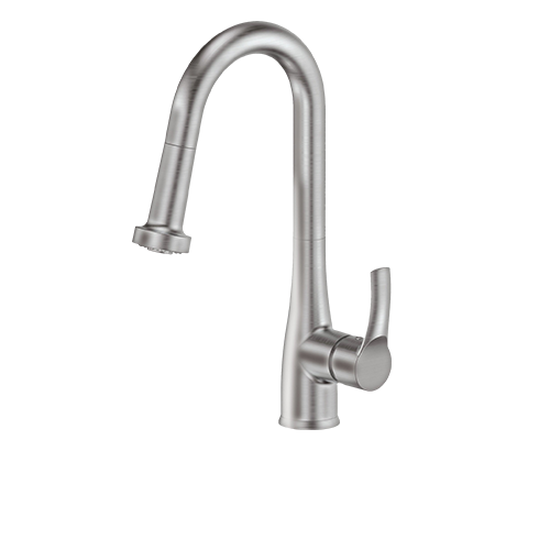 A stainless steel kitchen faucet with a handle on a white background.