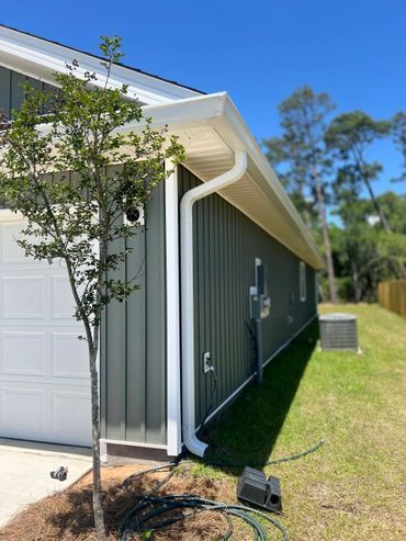 A house with a white gutter and a tree in front of it.