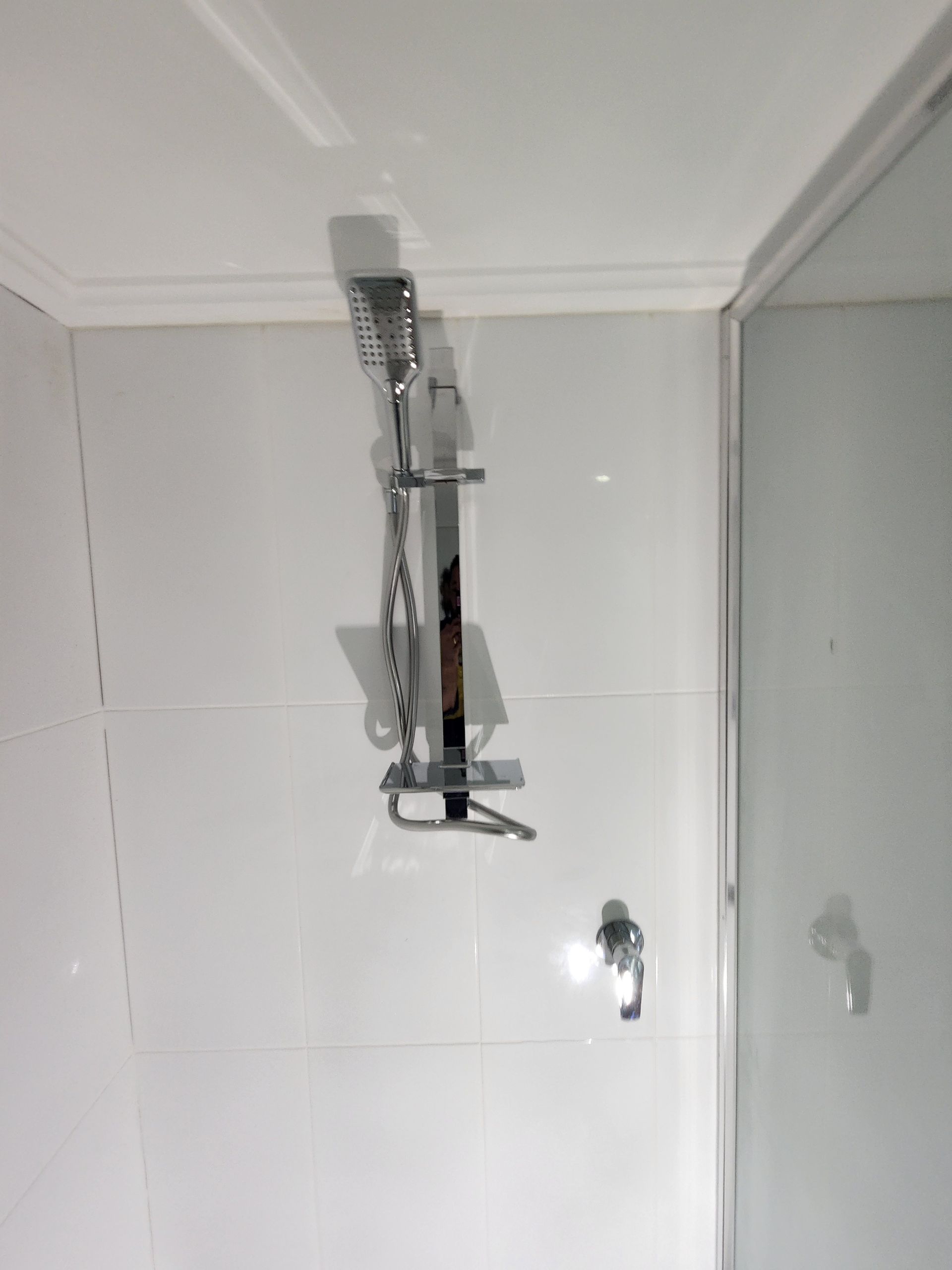 A Chrome Handheld Shower Head Mounted on a Vertical Slide Bar — Kingdom Plumbing Services in Gordonvale, QLD
