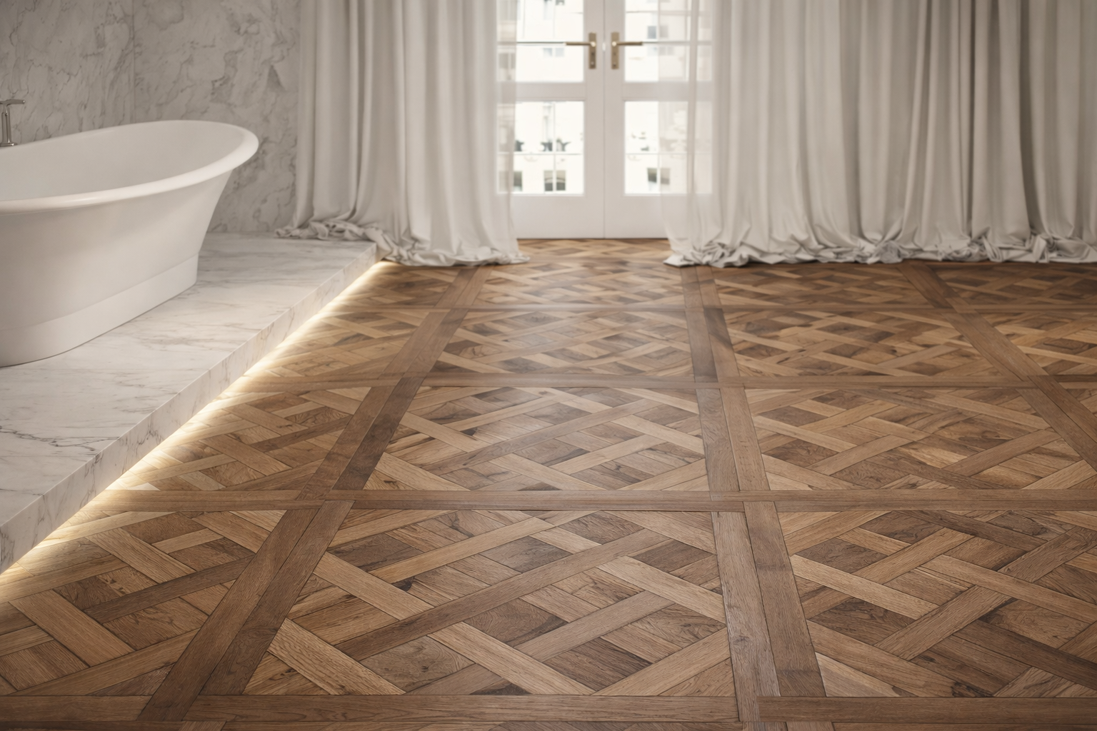 Tafelparkett verlegt im raum, Holzart Eiche Versailles Tafelparkett,