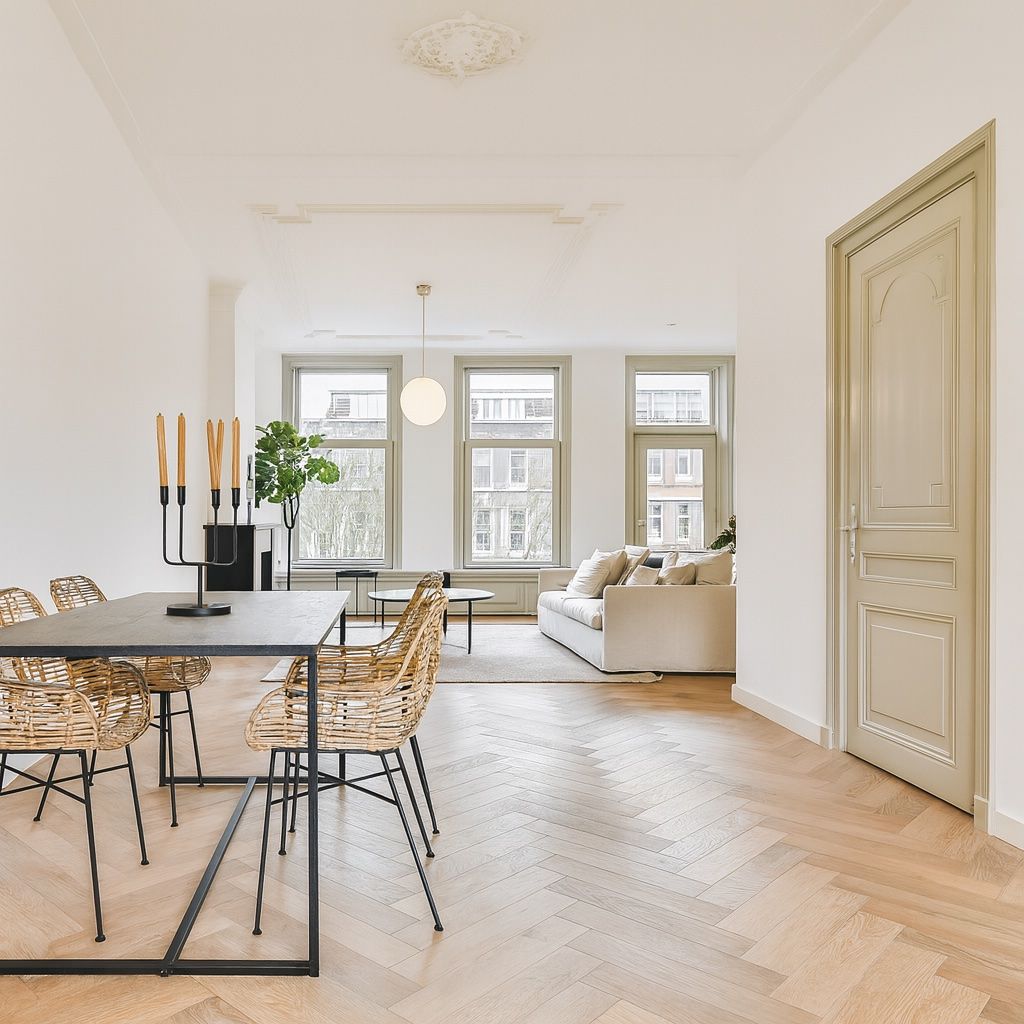 Weiße Glastüren öffnen sich zu einem lichtdurchfluteten Innenraum. Im Vordergrund stehen eine Stehlampe und ein Stuhl.