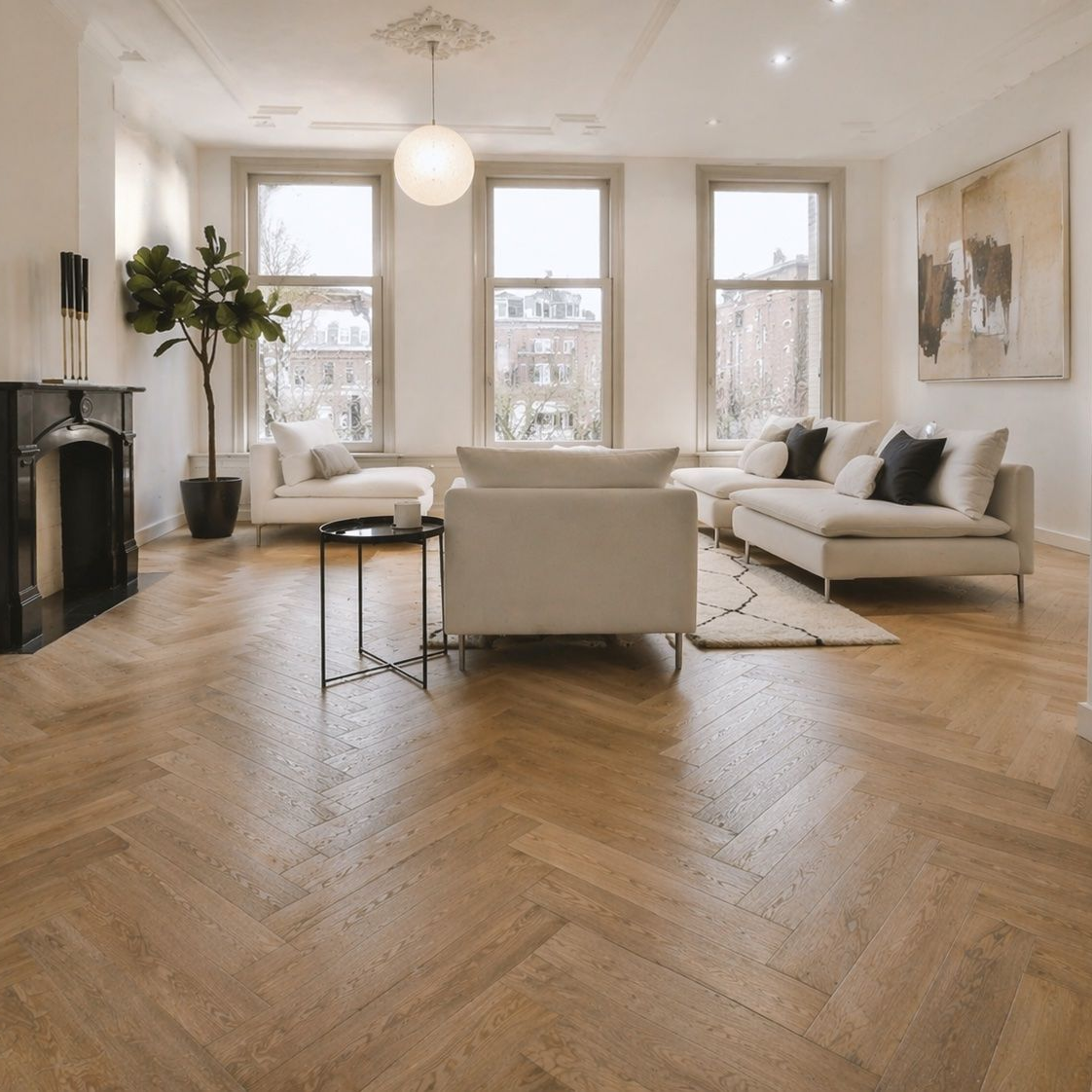 Der offene Werkzeugschrank aus Holz gibt den Blick auf ordentlich angeordnete Holzbearbeitungswerkzeuge frei. Zu den Werkzeugen gehören Meißel, Sägen, Messwerkzeuge, Bohrer und Sicherheitskopfhörer.