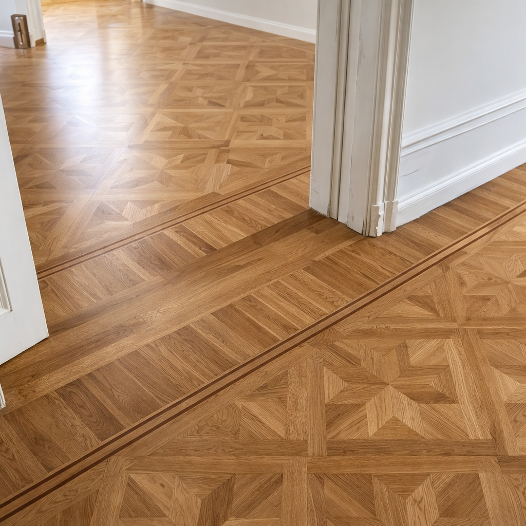 Weiße Glastüren öffnen sich zu einem lichtdurchfluteten Innenraum. Im Vordergrund stehen eine Stehlampe und ein Stuhl.