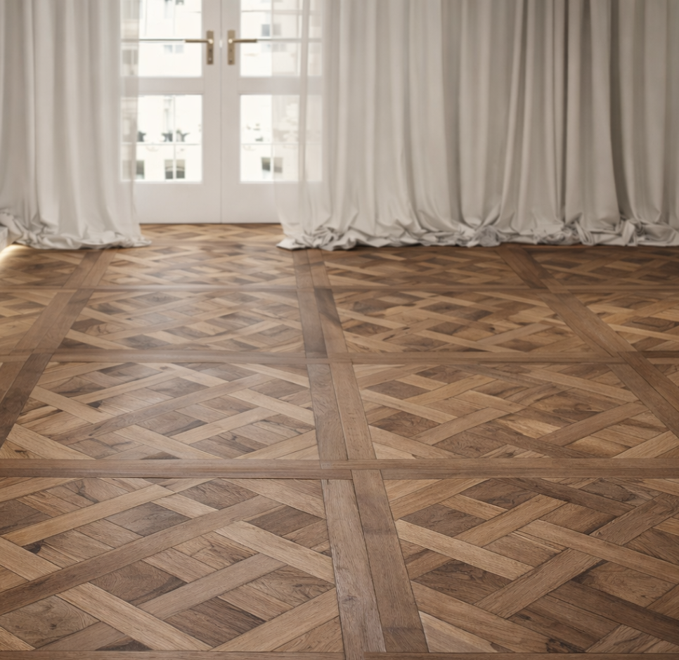 Tafelparkett aus Eiche verlegt im Raum.