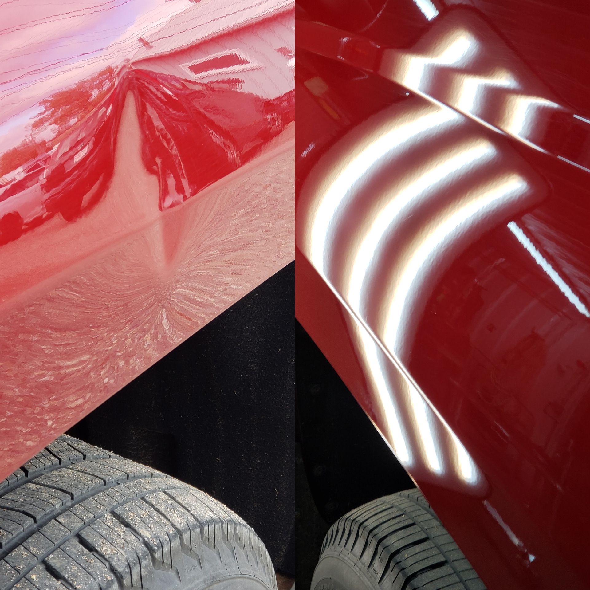 A before and after photo of a red car