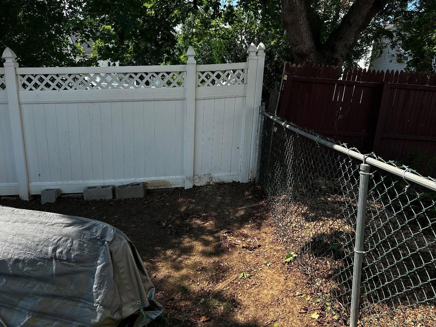 White picket fence and chain-link fence in a backyard with brown and green vegetation.