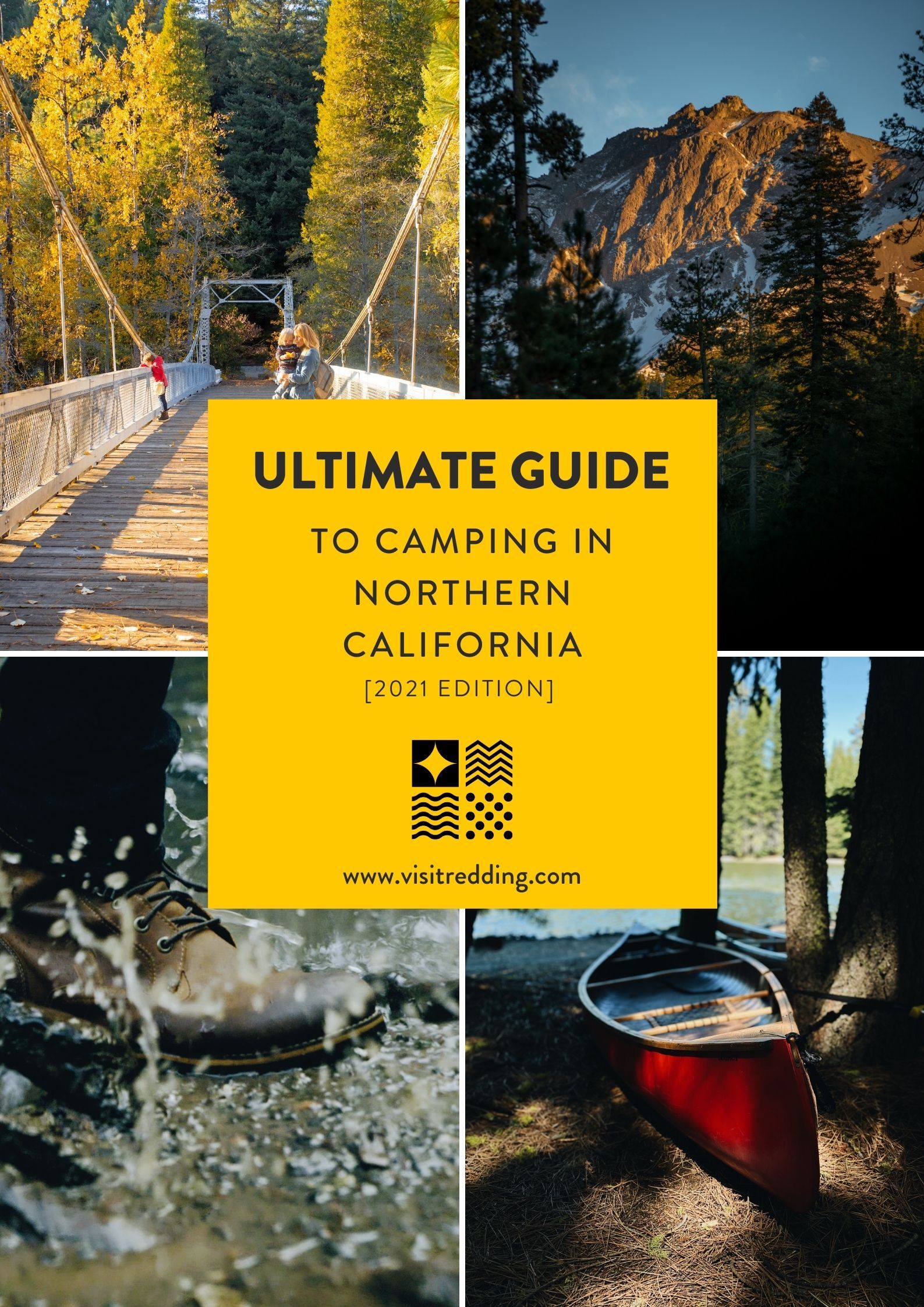 Various images of camping in Northern California overlaid with text that reads Ultimate Guide to Camping in Northern California [2021 Edition]