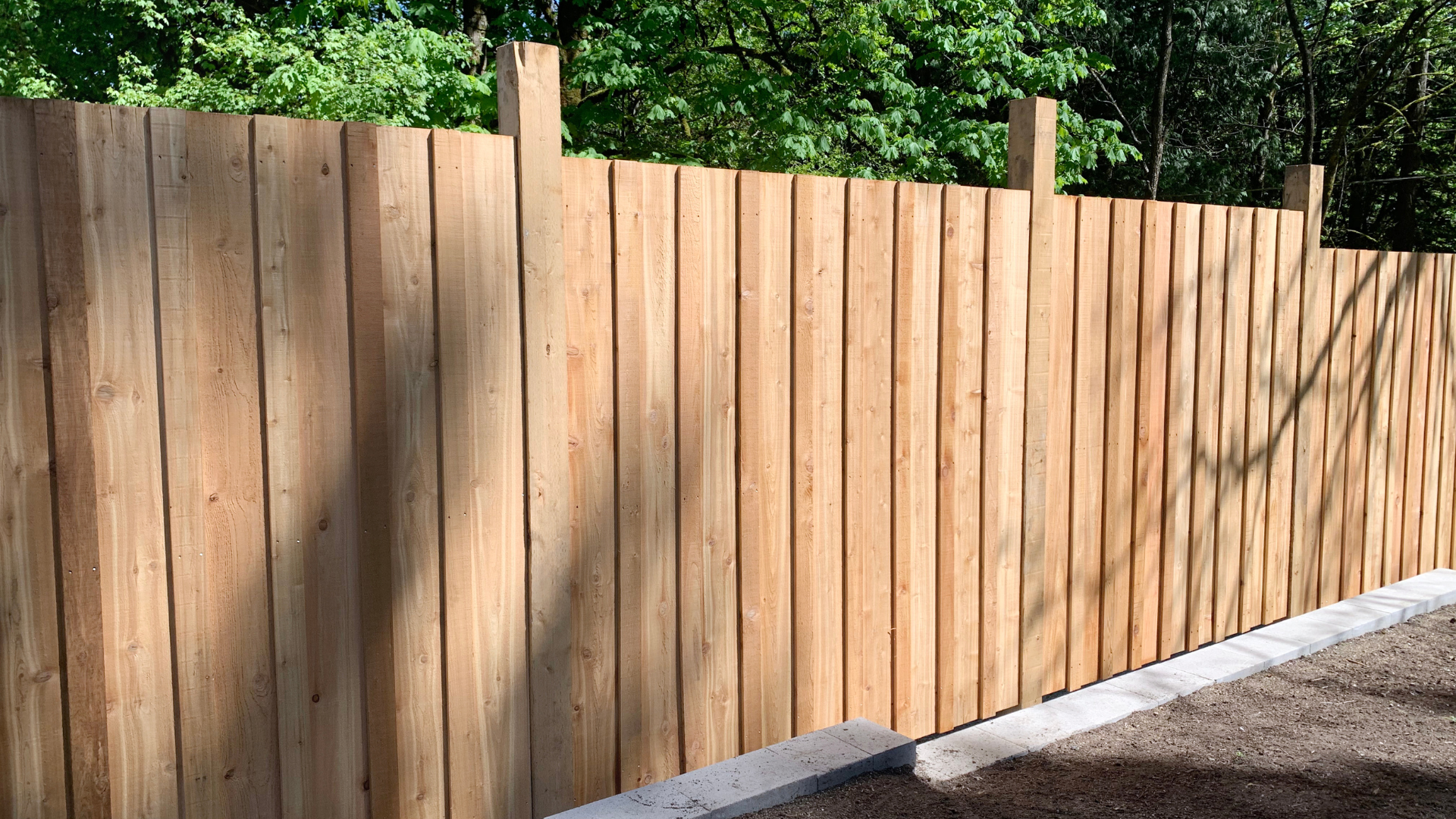 Wooden fence, light brown, with vertical planks, against a backdrop of green trees.