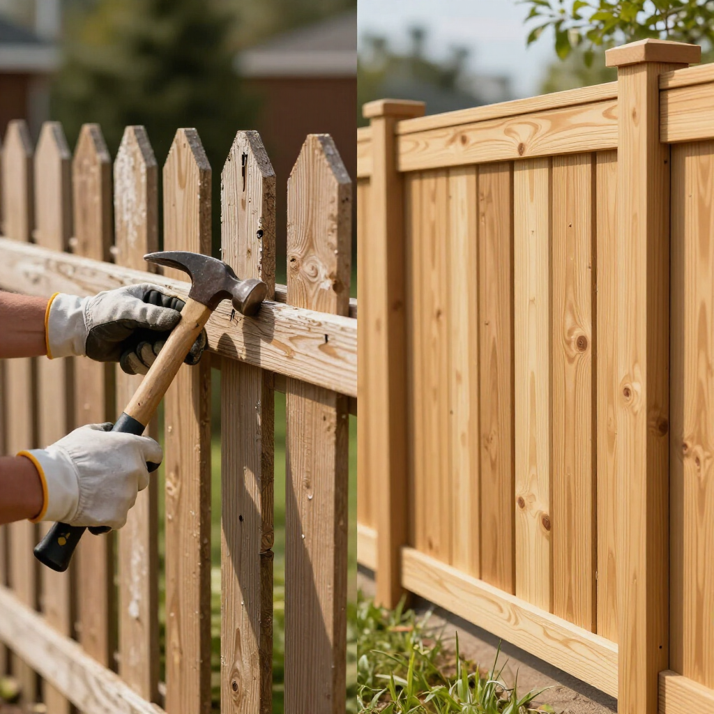 Worker hammering a wooden fence post beside a newly built tan privacy fence.